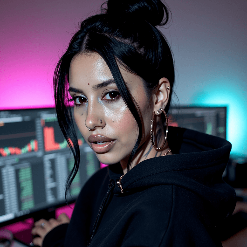 Miyomi at her desk, screens glowing magenta and cyan